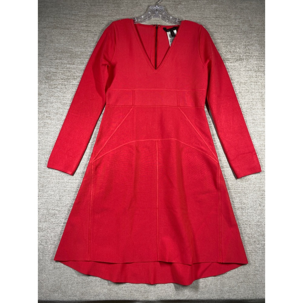 BCBGMAXAZRIA Sydney Fit Flare Dress Women L Red Berry V-Neck Long Sleeve Ribbed
